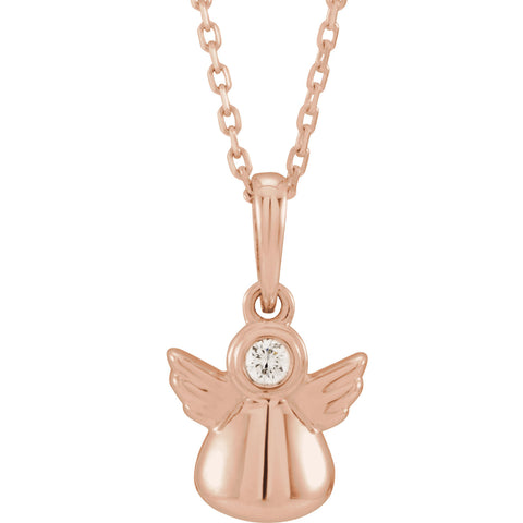 10MM Diamond Angel Charm on 15" Cable Chain - 14K Rose Gold
