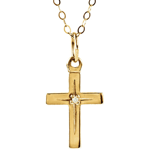 13MM Diamond Cross Charm on 15" Cable Chain - 14K Yellow Gold