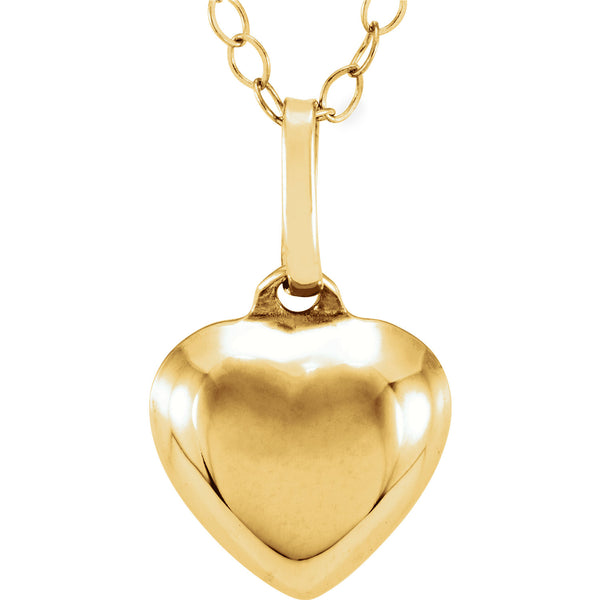 9MM Puffed Heart Charm on 15" Cable Chain - 14K Yellow Gold