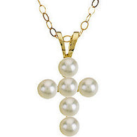 12MM Pearl Cross Charm on 15" Cable Chain - 14K Yellow Gold