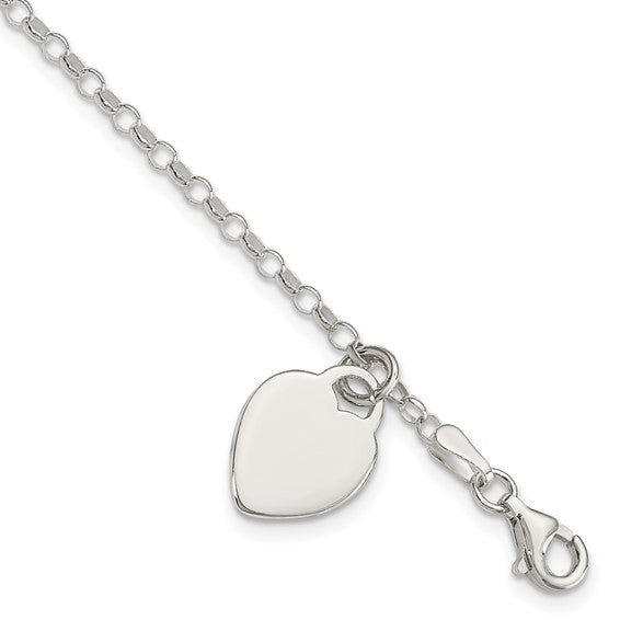 6" Heart Charm Engraved Bracelet - Sterling Silver