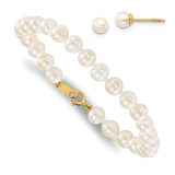 5.5" Pearl Bracelet and Earrings Set 4MM - 14K Yellow Gold