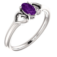 5MM Oval Amethyst "February" Hearts Ring Size 3 - 14K White Gold
