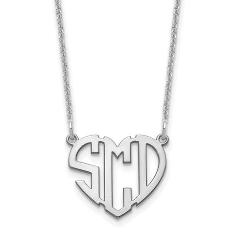 Heart Monogram Nameplate Necklace - White Gold