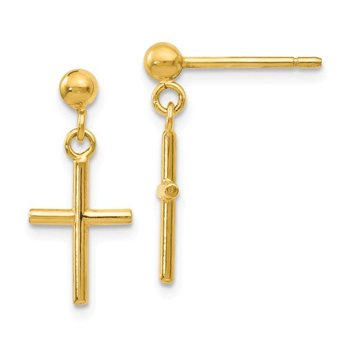 16MM Cross Dangle Earrings - 14K Yellow Gold