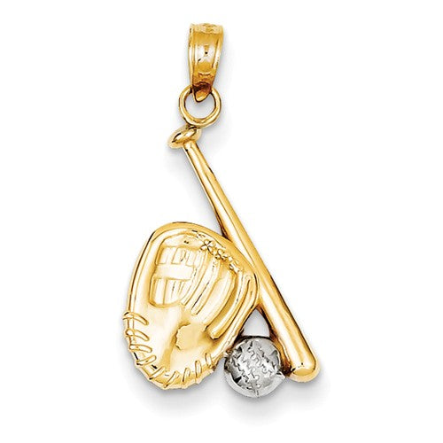 Baseball Bat Glove & Ball Charm - 14K Yellow and White Gold