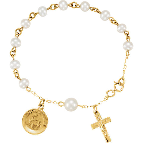 6.5" First Holy Communion Rosary Pearl Bracelet - 14K Yellow Gold
