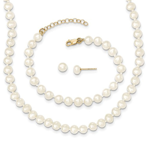 4MM Pearl Set - Stud Earrings, 14" Necklace and 5" Bracelet - 14K Yellow Gold