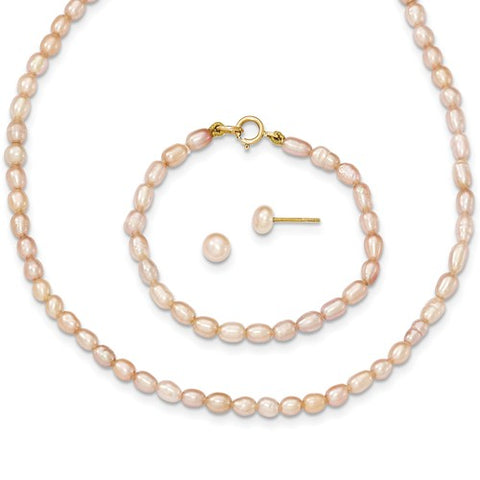 3MM Pink Pearl Set - 12" Necklace and 5" Bracelet - 14K Yellow Gold