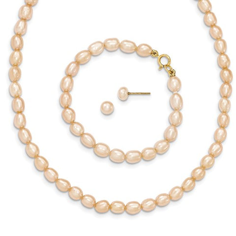 4MM Pink Pearl Set - Stud Earrings, 14" Necklace and 5" Bracelet - 14K Yellow Gold