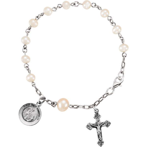 6.5" First Holy Communion Rosary Pearl Bracelet - Sterling Silver