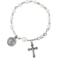 6" Our Guardian Angel Rosary Pearl Bracelet - Sterling Silver