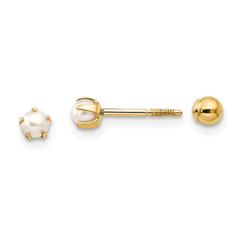 3MM Reversable Pearl & Ball Stud Earrings - 14K Yellow Gold