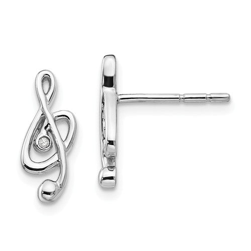 13MM Diamond Music Note Stud Earrings - Sterling Silver