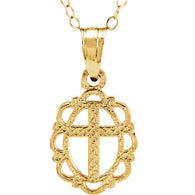 12MM Oval Cross Charm on 15" Cable Chain - 14K Yellow Gold